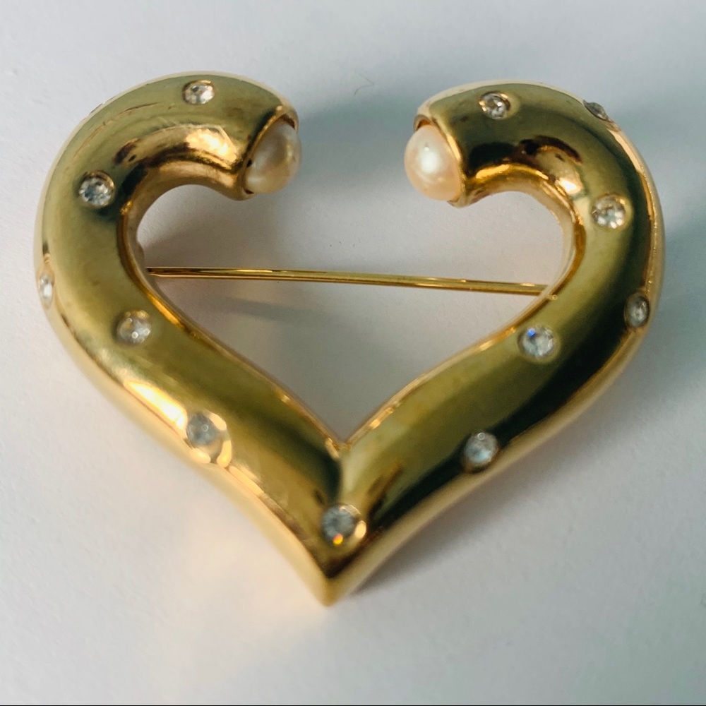 GIVENCHY Gold Heart Brooch Faux Pearl Crystals Pin